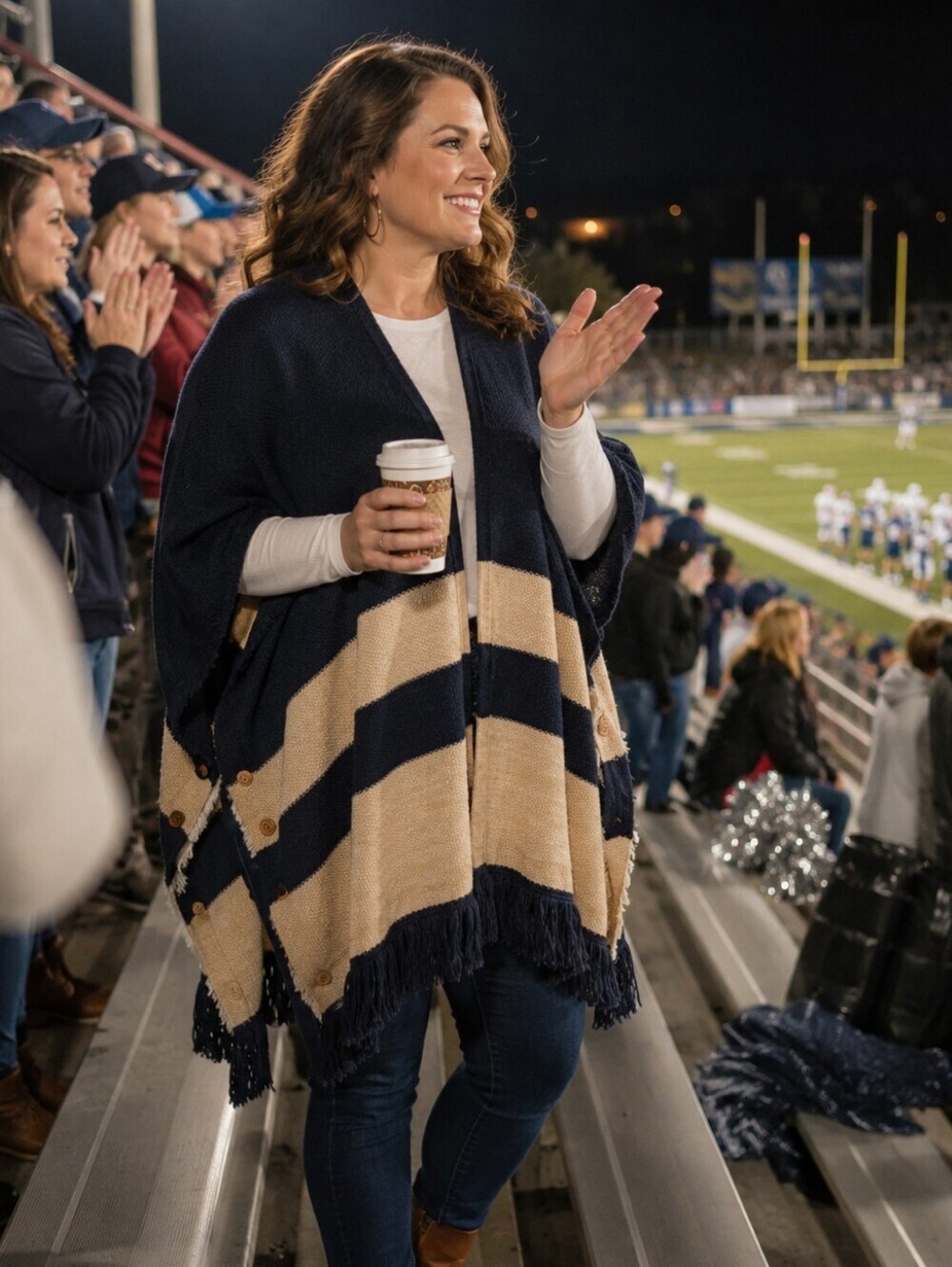 EUC GameDay Couture Chic Navy and Beige Knit Poncho Size M/L (Fits like …